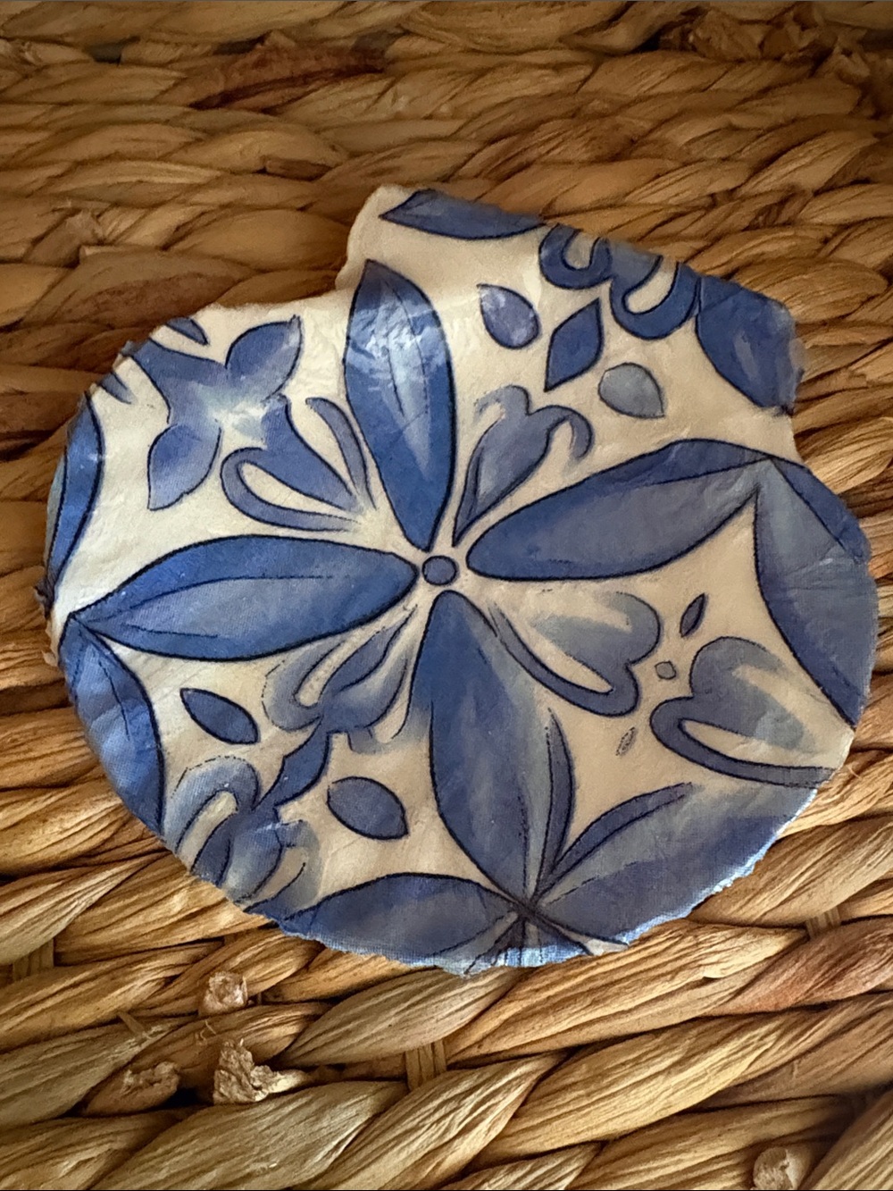 Hand Crafted Blue & White Floral Shell Trinket Dish